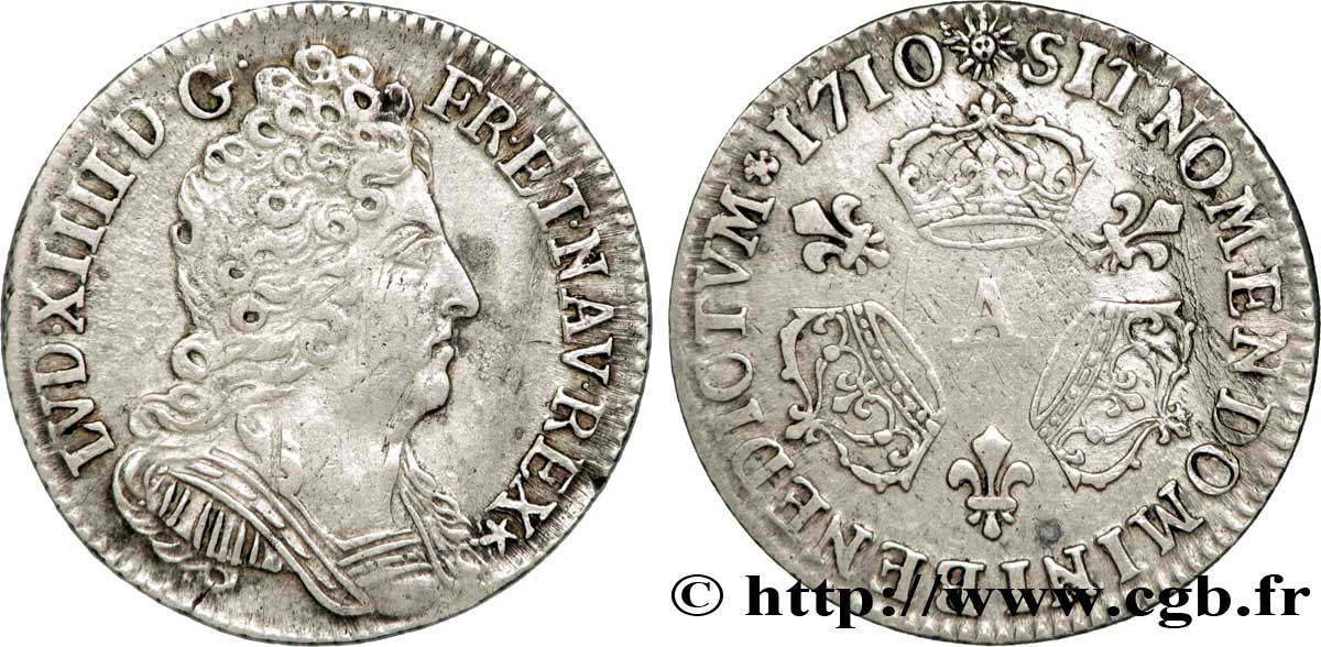 LOUIS XIV  THE SUN KING  Dixième d écu aux trois couronnes 1710 Paris XF/VF