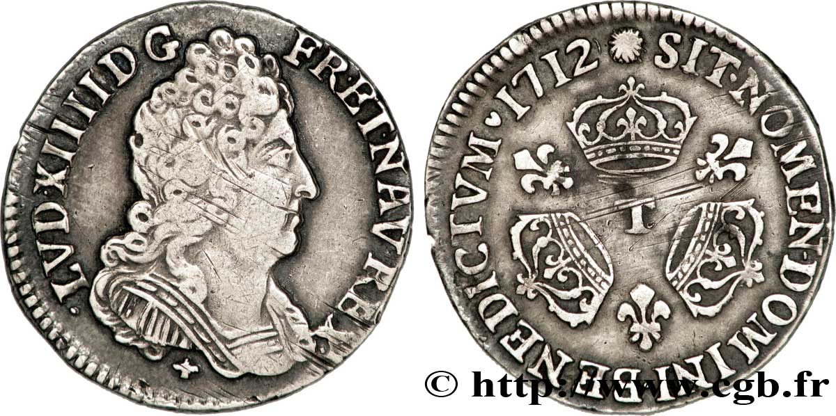 LOUIS XIV  THE SUN KING  Dixième d écu aux trois couronnes 1712 Nantes AU