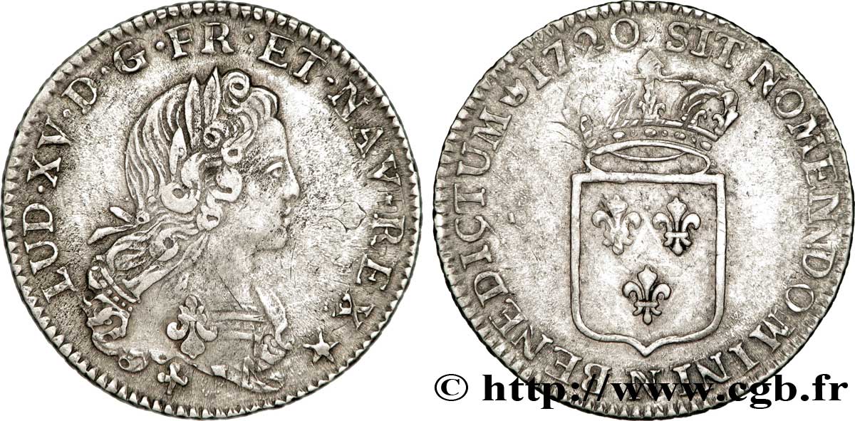 LOUIS XV DIT LE BIEN AIMÉ Tiers d&nbsp;écu de France avec buste du &nbsp;petit louis d’argent&nbsp; 1720 Montpellier TTB/TB+