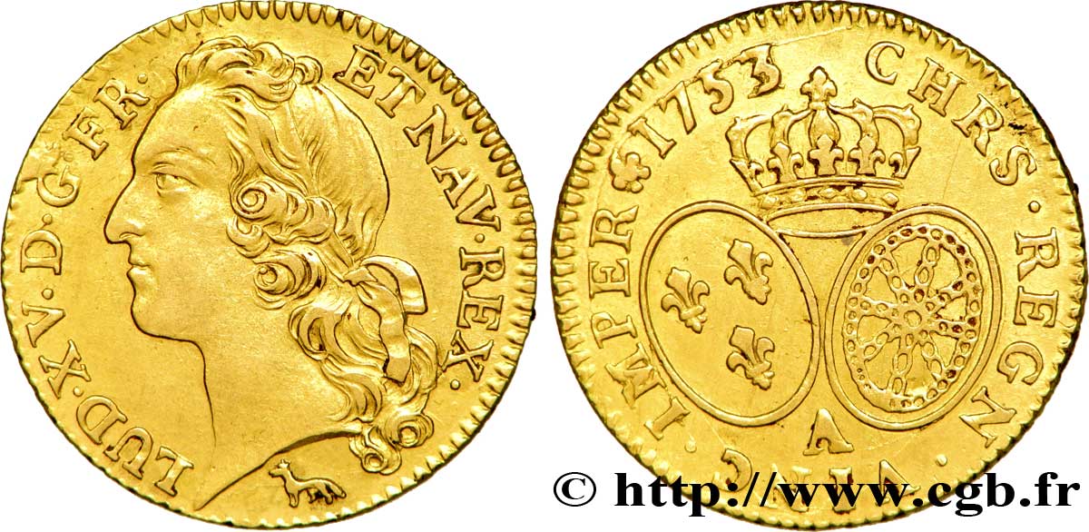 LOUIS XV DIT LE BIEN AIMÉ Louis d’or aux écus ovales, tête ceinte d’un bandeau 1753 Paris SUP/TTB+