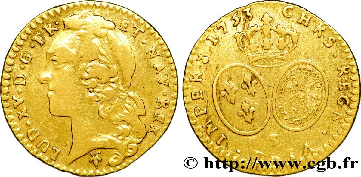 LOUIS XV DIT LE BIEN AIMÉ Demi-louis d’or aux écus ovales, tête ceinte d’un bandeau 1753 Reims TB+