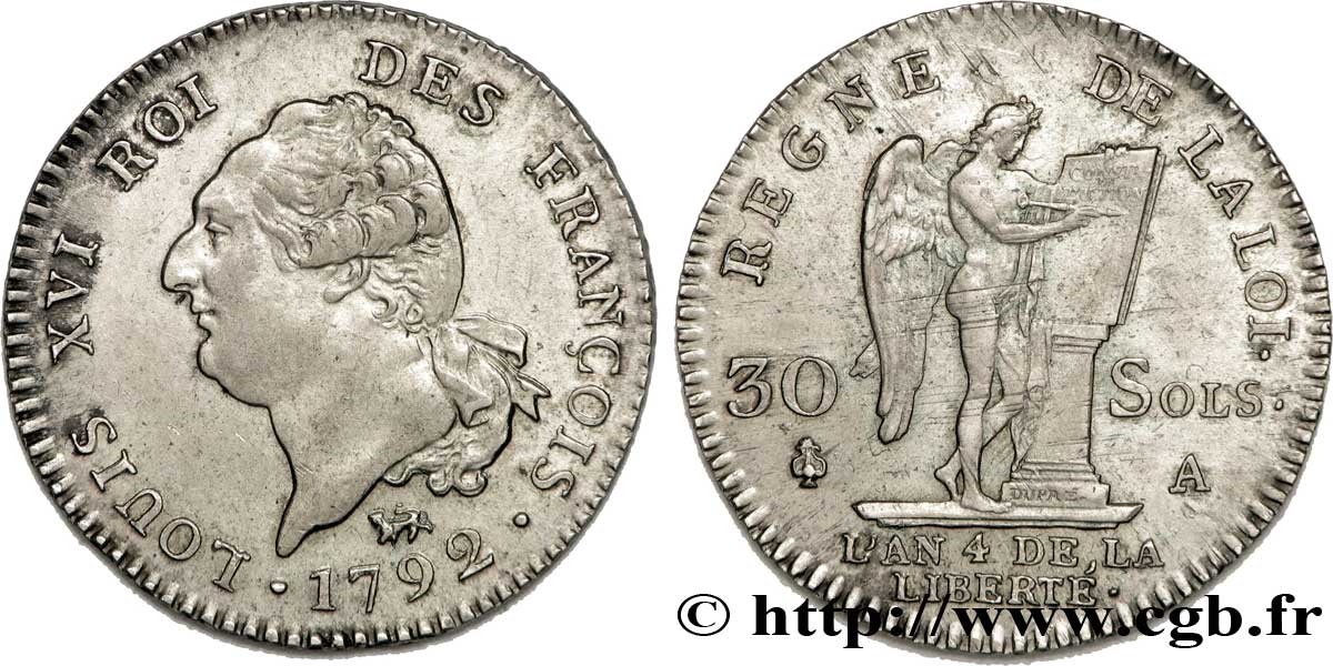 LOUIS XVI (MONARQUE CONSTITUTIONNEL)  30 sols dit &nbsp;au génie&nbsp;, type FRANÇOIS 1792 Paris SUP