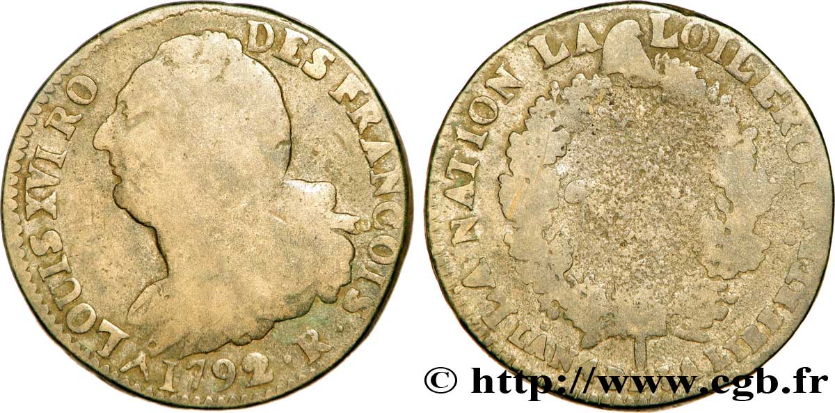 LOUIS XVI (MONARQUE CONSTITUTIONNEL)  2 sols dit  au faisceau , type FRANCOIS, avec RO au lieu de ROI 1792 Orléans B+/B