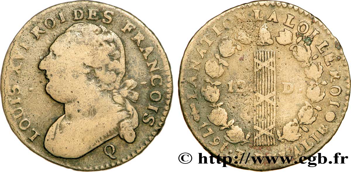 LOUIS XVI 12 deniers dit  au faisceau , type FRANÇOIS 1791 Perpignan VF