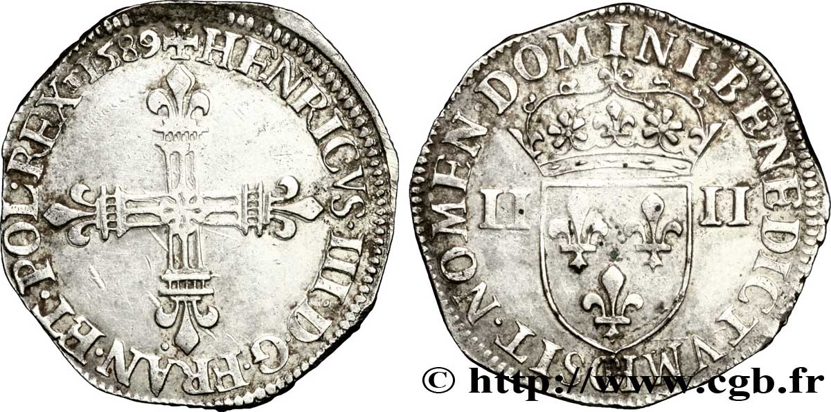 HENRY III Quart d écu, croix de face 1589 Châlons-en-Champagne MBC+