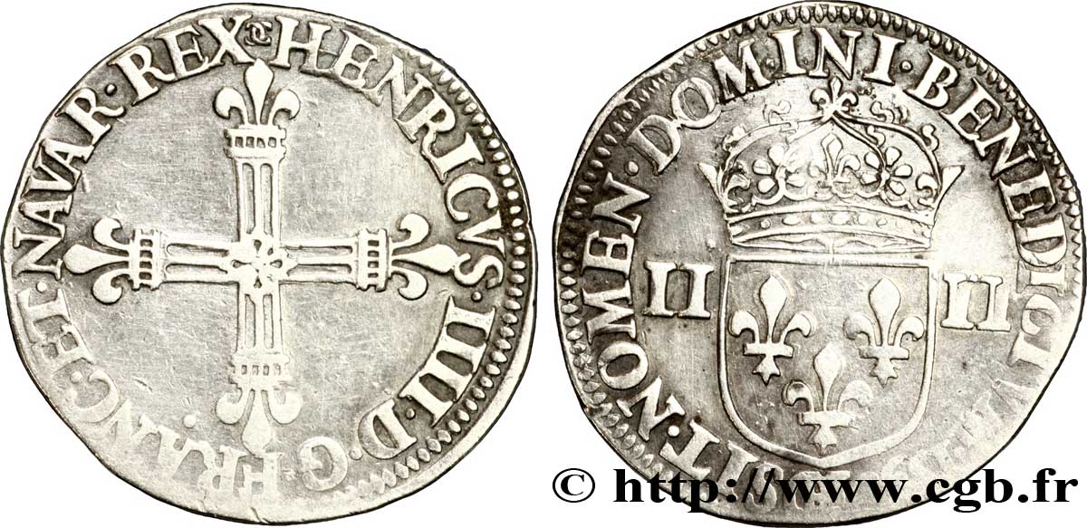 HENRI IV LE GRAND Quart d écu, croix batonnée et fleurdelisée de face 1590 Châlons-en-Champagne TTB