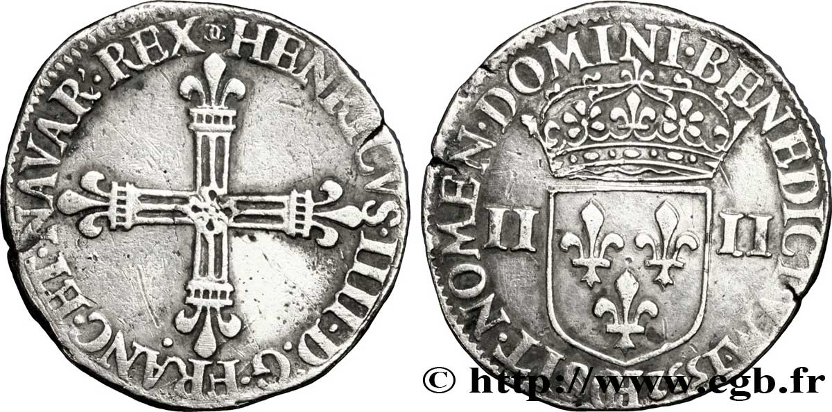 HENRI IV LE GRAND Quart d écu, croix batonnée et fleurdelisée de face 1592 Châlons-en-Champagne TTB/TTB+