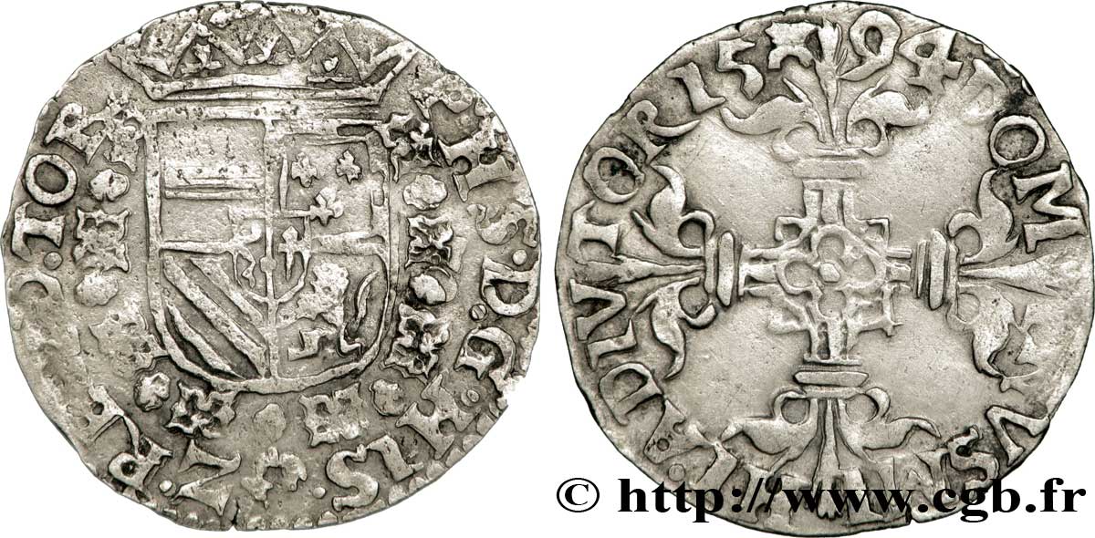 SPANISH NETHERLANDS - TOURNAI - PHILIP II OF SPAIN Vingtième d’écu philippe 1594 Tournai XF/AU