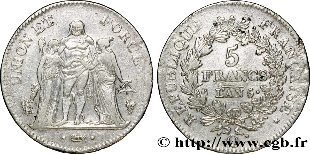 5 francs Union et Force, Union serré, seulement gland extérieur 1797 Perpignan F.288/26 MBC 