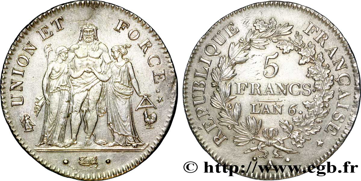 5 francs Union et Force, Union desserré, seulement gland extérieur 1798 Paris F.291/18 XF 