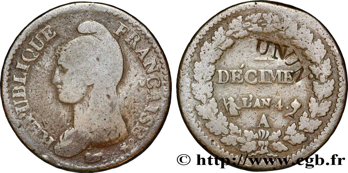 Un décime Dupré, modification du 2 décimes 1796 Paris F.127/1 var. SGE 