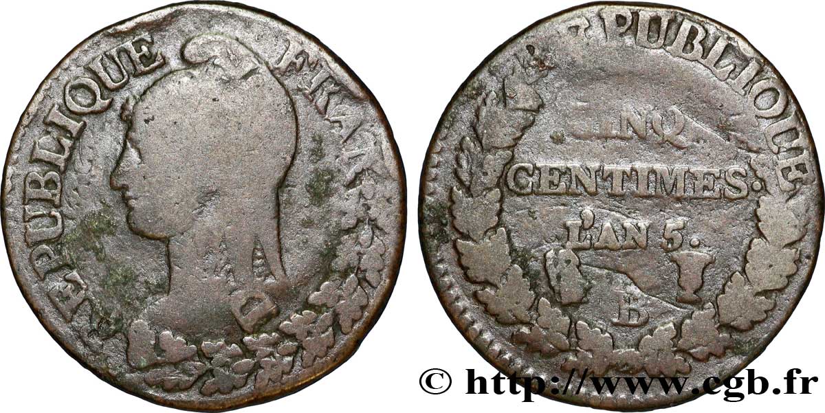 Cinq centimes Dupré, grand module,  refrappage  du décime 1797 Rouen F.114/4 VG 
