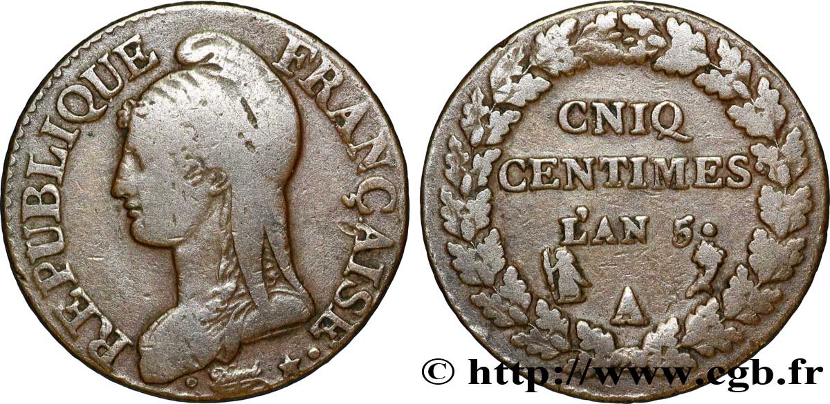 Cinq centimes Dupré, grand module, CNIQ 1797 Paris F.115/5 TB 