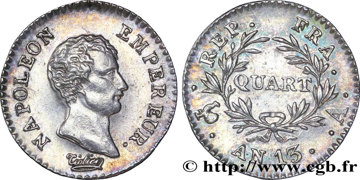 Quart (de franc) Napoléon Empereur, Calendrier révolutionnaire 1805 Paris F.158/8 SUP 