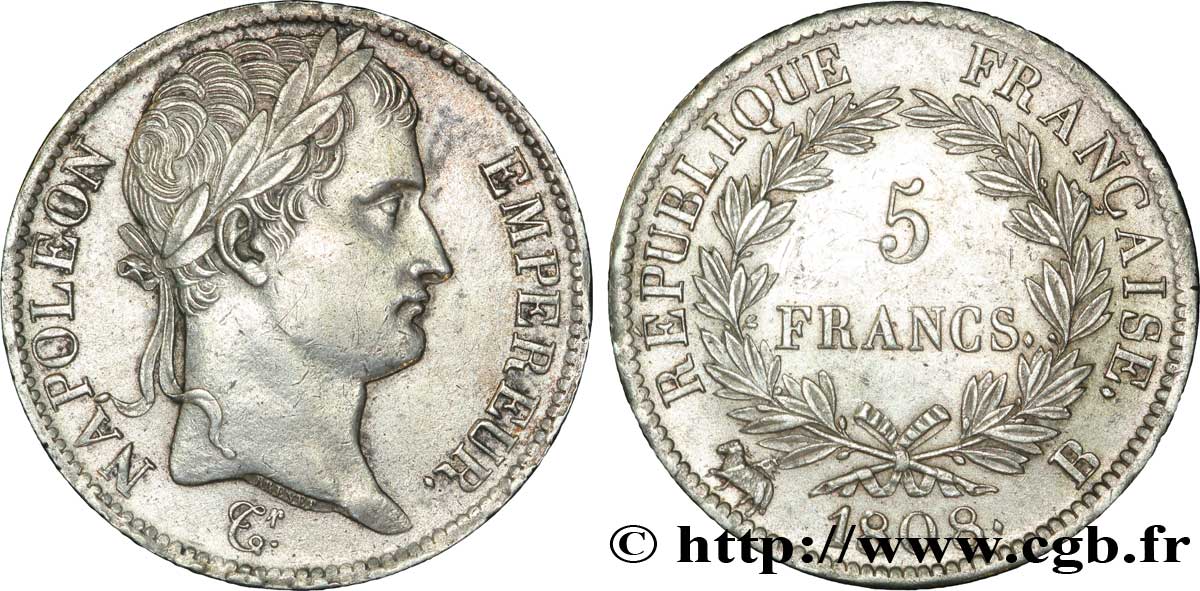 5 francs Napoléon Empereur, République française 1808 Rouen F.306/3 SPL 