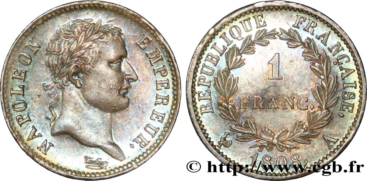 1 franc Napoléon Ier tête laurée, République française 1808 Paris F.204/2 SUP 