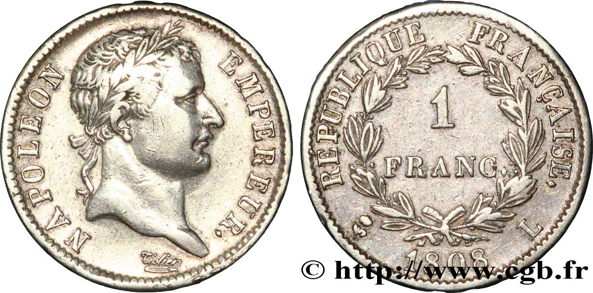 1 franc Napoléon Ier tête laurée, République française 1808 Bayonne F.204/9 XF 