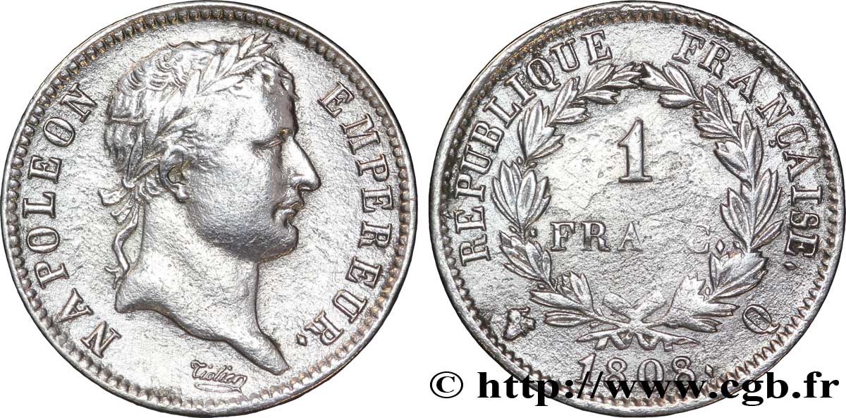 1 franc Napoléon Ier tête laurée, République française 1808 Perpignan F.204/12 VF 