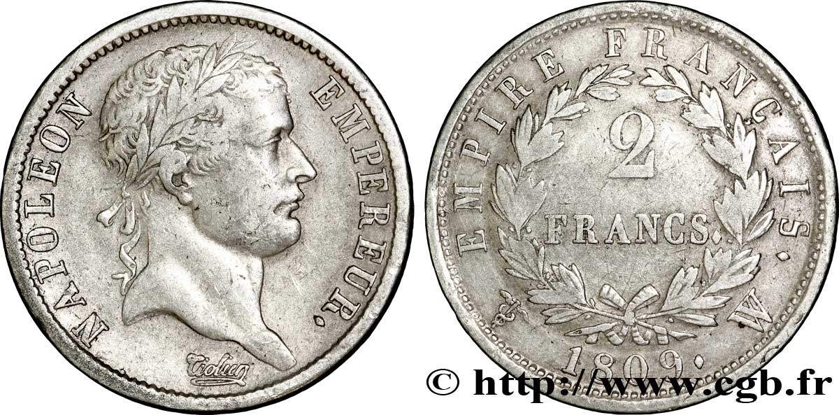 2 francs Napoléon Ier tête laurée, Empire français 1809 Lille F.255/9 TB 