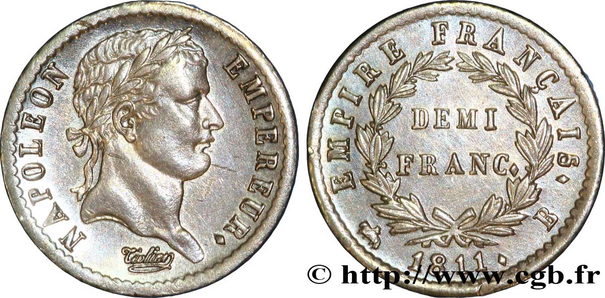Demi-franc Napoléon Ier tête laurée, Empire français 1811 Rouen F.178/22 AU 