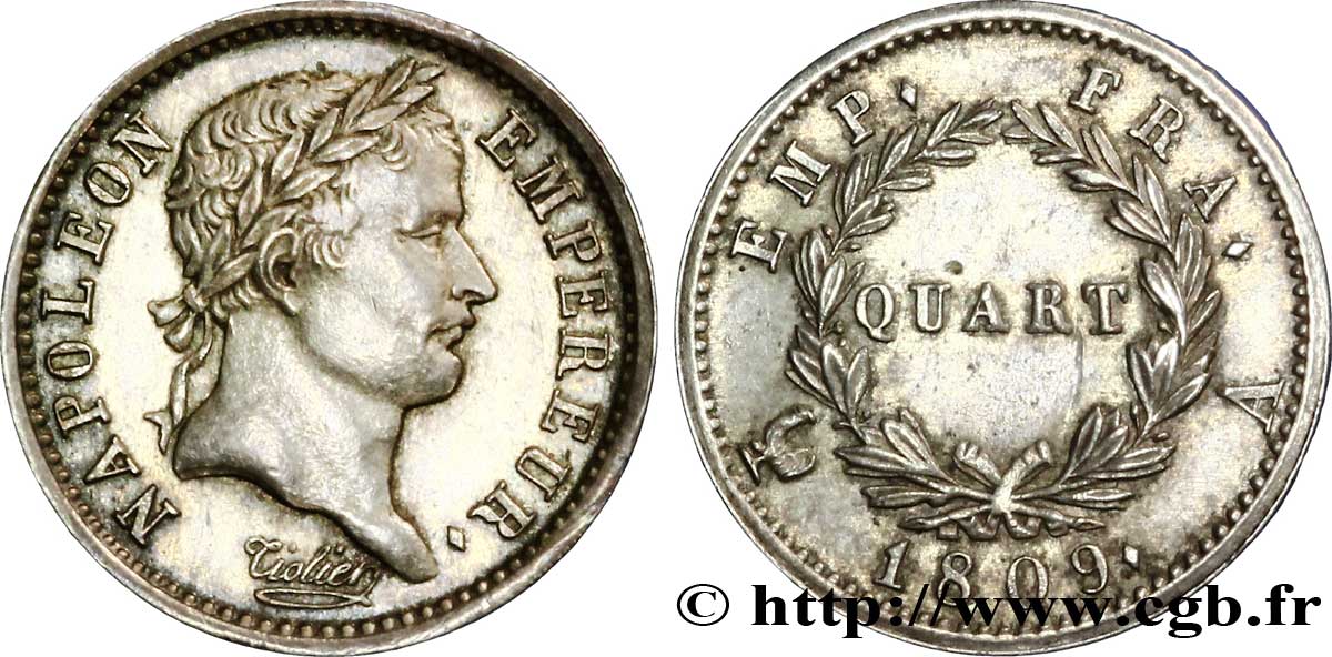 Quart (de franc) Napoléon Ier tête laurée, Empire français 1809 Paris F.162/1 SPL 
