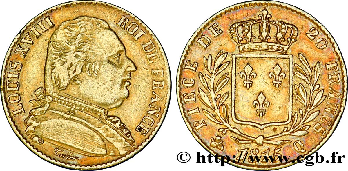 20 francs or Louis XVIII, buste habillé 1815 Perpignan F.517/17 SS 