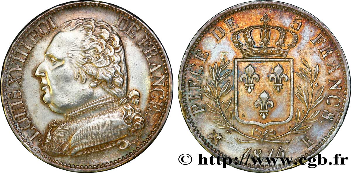 5 francs Louis XVIII, buste habillé 1814 Bordeaux F.308/7 AU 