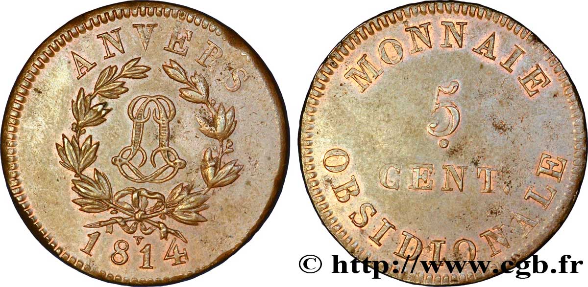 5 cent. Anvers au double L, frappe de l’atelier de Wolschot 1814  Anvers F.115D/1 TTB 