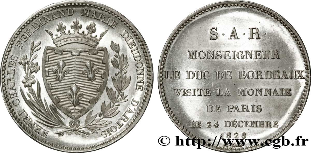 Pièce de plaisir, module de 5 francs, pour la visite de la Monnaie de Paris par le duc de Bordeaux 1828 Paris VG.2658  AU 