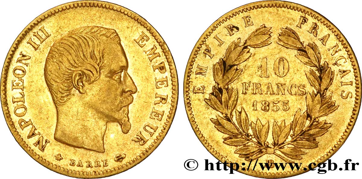 10 francs or Napoléon III, tête nue, grand module 1855 Strasbourg F.506/2 TB 