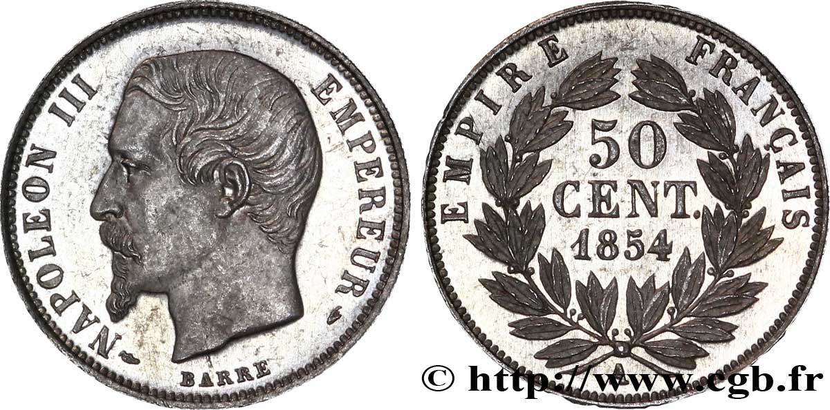 50 centimes Napoléon III, tête nue 1854 Paris F.187/2 SPL 