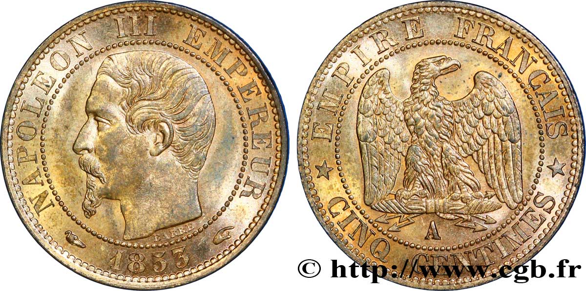 Cinq centimes Napoléon III, tête nue 1853 Paris F.116/1 MS 