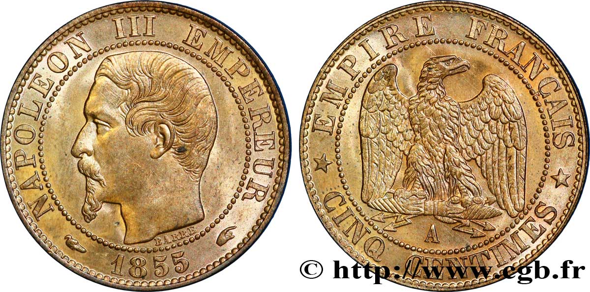 Cinq centimes Napoléon III, tête nue, différent levrette 1855 Paris F.116/16 SPL 