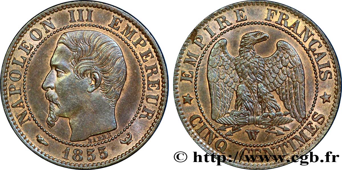 Cinq centimes Napoléon III, tête nue, différent levrette 1855 Lille F.116/28 SPL 