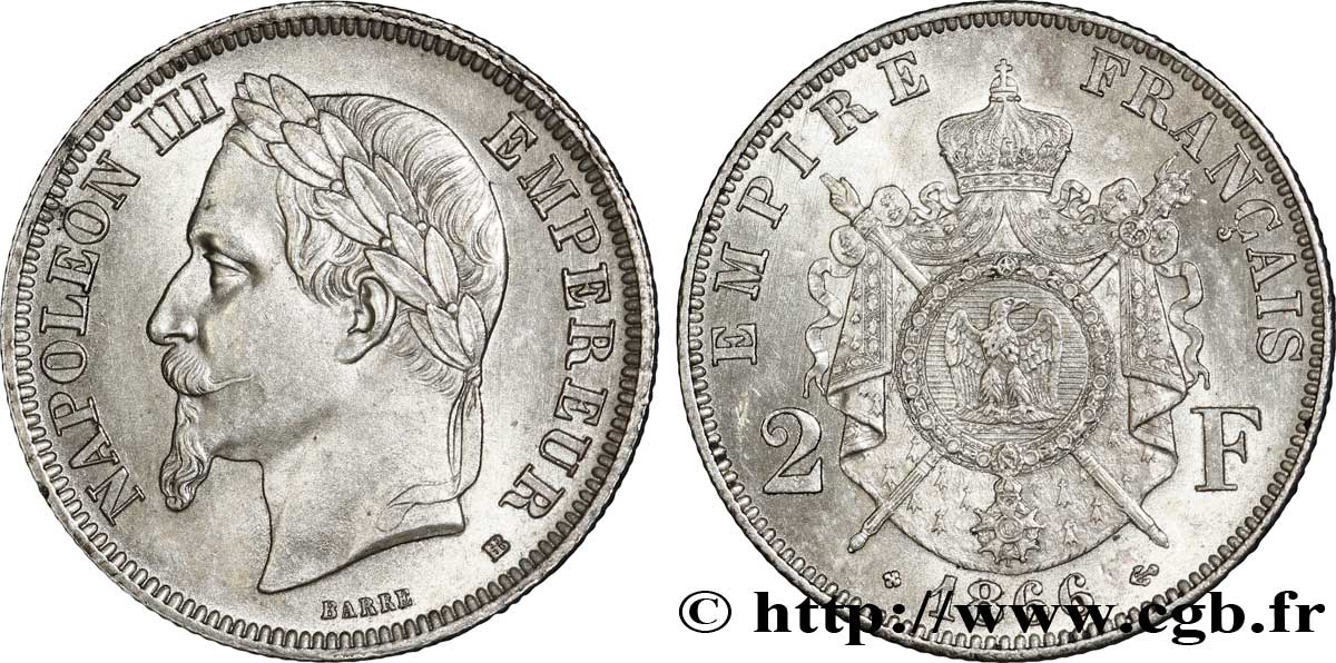 2 francs Napoléon III, tête laurée  1866 Strasbourg F.263/3 AU 