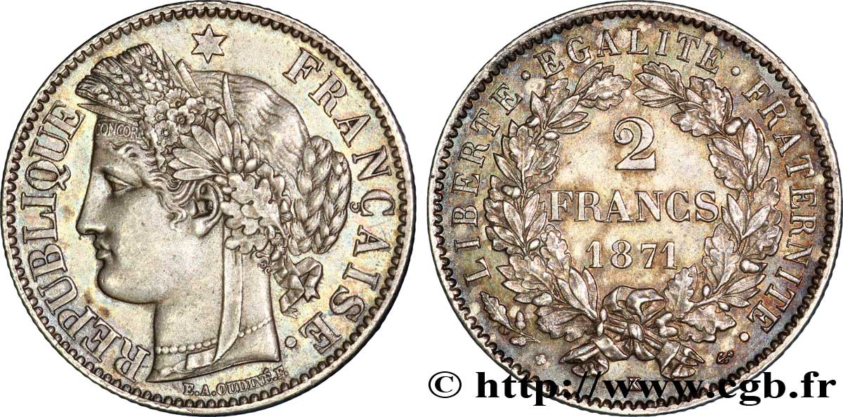 2 francs Cérès, avec légende, petit K 1871 Bordeaux F.265/7 AU 