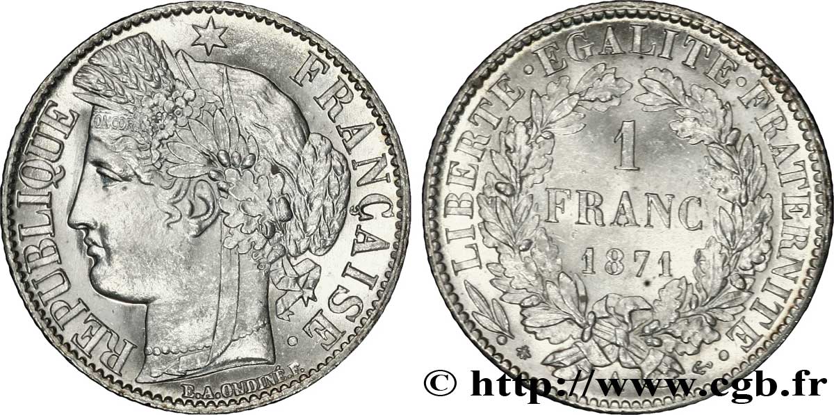 1 franc Cérès, IIIe République, grand A 1871 Paris F.216/1 AU 