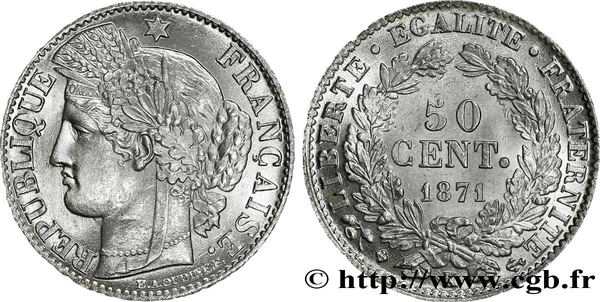 50 centimes Cérès, IIIe République 1871 Bordeaux F.189/2 VZ 