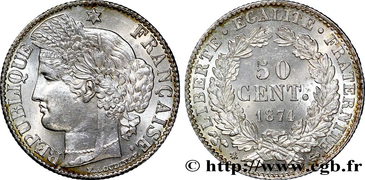 50 centimes Cérès, IIIe République 1874 Paris F.189/7 SPL 