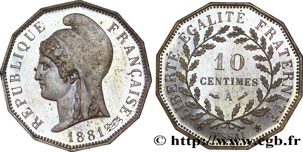 Essai de 10 centimes d’après Dupré, sur flan dodécagonal 1881 Paris VG.3967  SUP 
