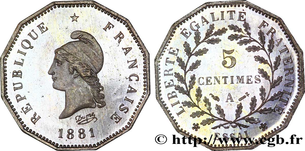 Essai de 5 centimes d’après Dupré, sur flan dodécagonal 1881 Paris VG.3968  VZ 