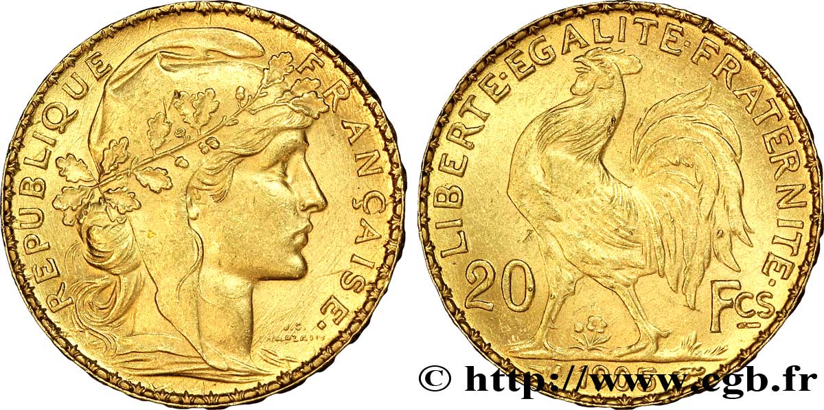 Faux de 20 francs or Coq, Dieu protège la France 1905  F.534/10 var. SUP 