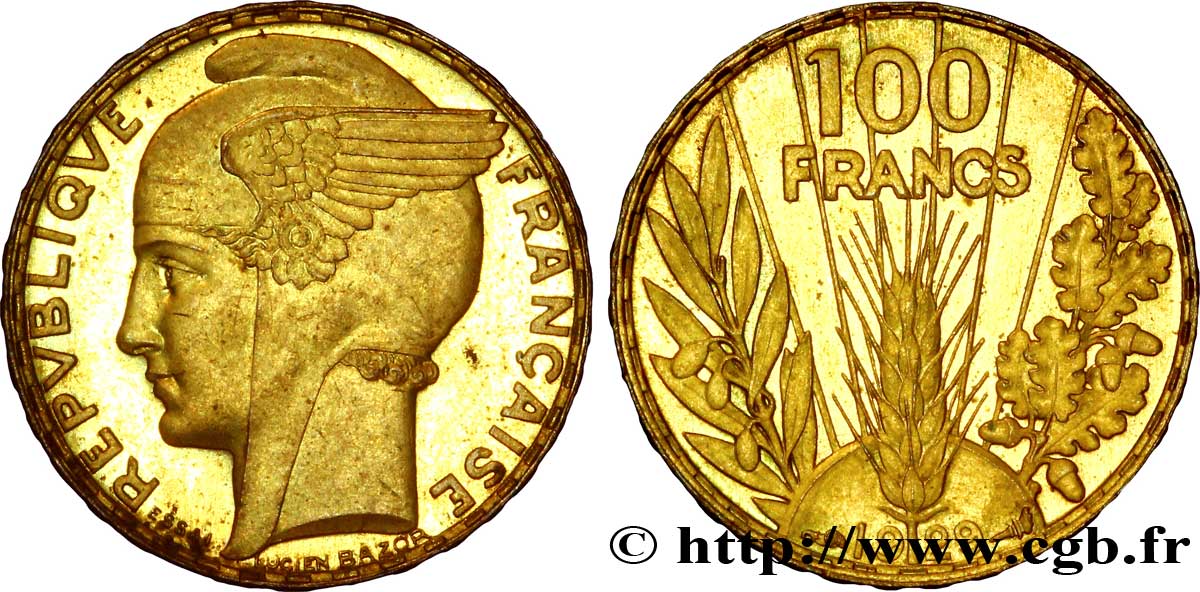 Concours de 100 francs or, essai de Bazor en bronze-aluminium 1929  VG.5216 var. AU 