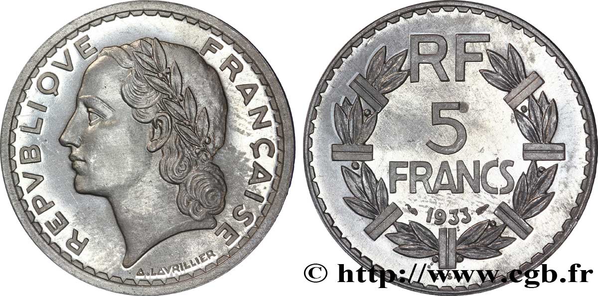 Essai de 5 francs Lavrillier, en aluminium, lourd 1933  G.-  MS 