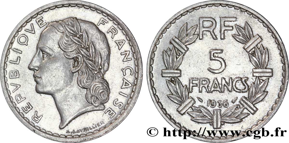 5 francs Lavrillier, nickel 1936  F.336/5 XF 