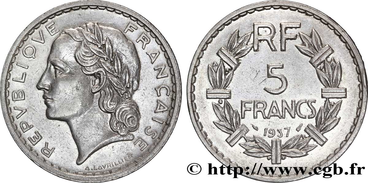 5 francs Lavrillier, nickel 1937  F.336/6 SS 