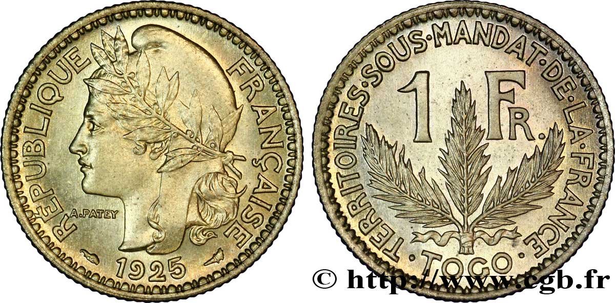 1 franc, Togo, Territoires sous mandat français - Pré-série de Morlon, poids lourd, 5 grammes 1925  Lec.12  FDC 