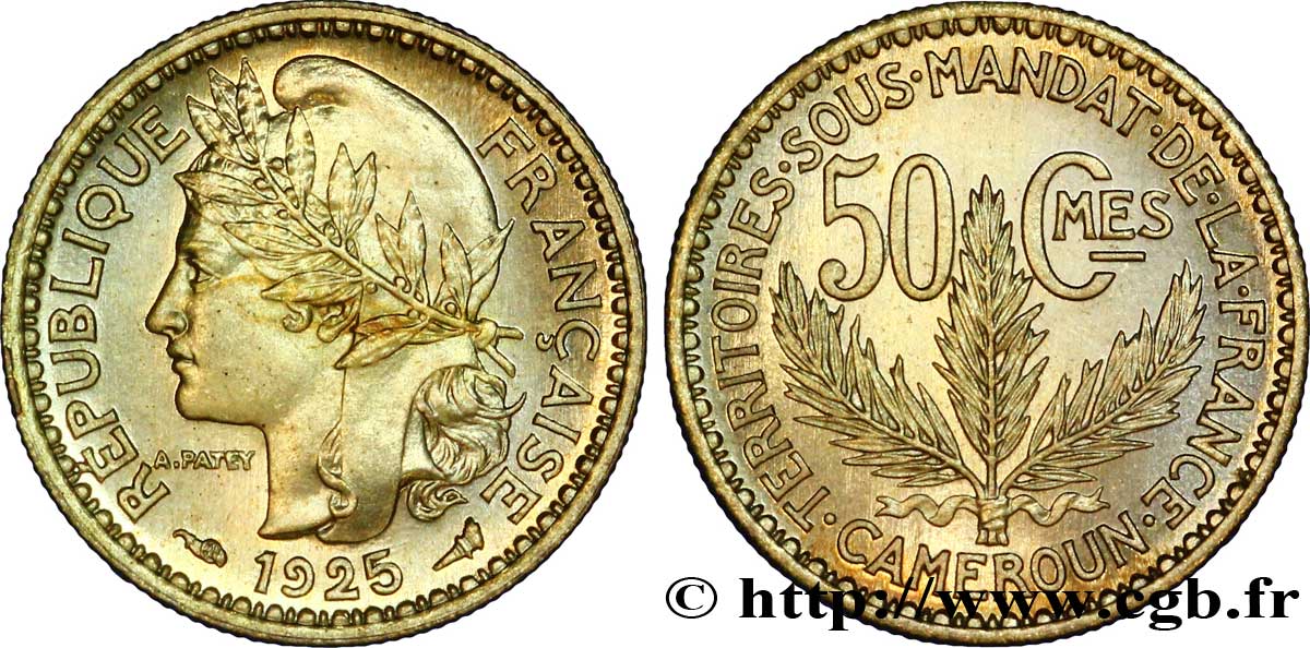 50 centimes, Cameroun, Territoires sous mandat français - Pré-série de Morlon, poids lourd, 2,5 grammes 1925  Lec.3  MS 