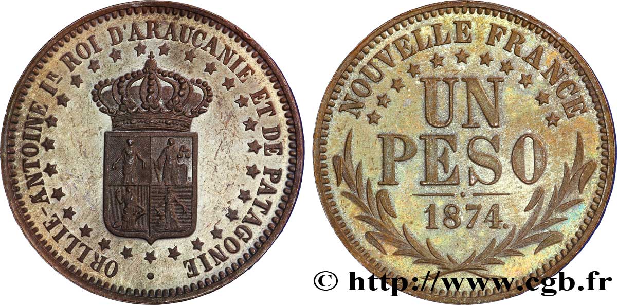 TROISIÈME RÉPUBLIQUE - ROYAUME D ARAUCANIE ET DE PATAGONIE - ORÉLIE-ANTOINE Ier  Épreuve en bronze de Un peso 1874  SUP 