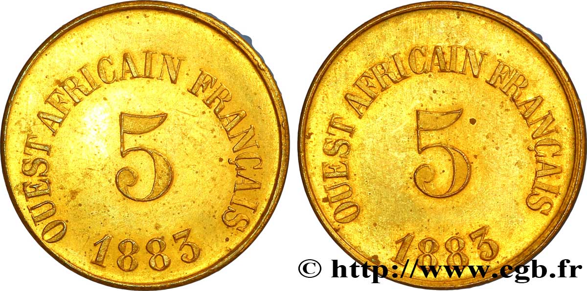 TROISIÈME RÉPUBLIQUE - OUEST-AFRICAIN FRANÇAIS Jeton 5, valeur d’échange 25 francs 1883 Paris SUP 